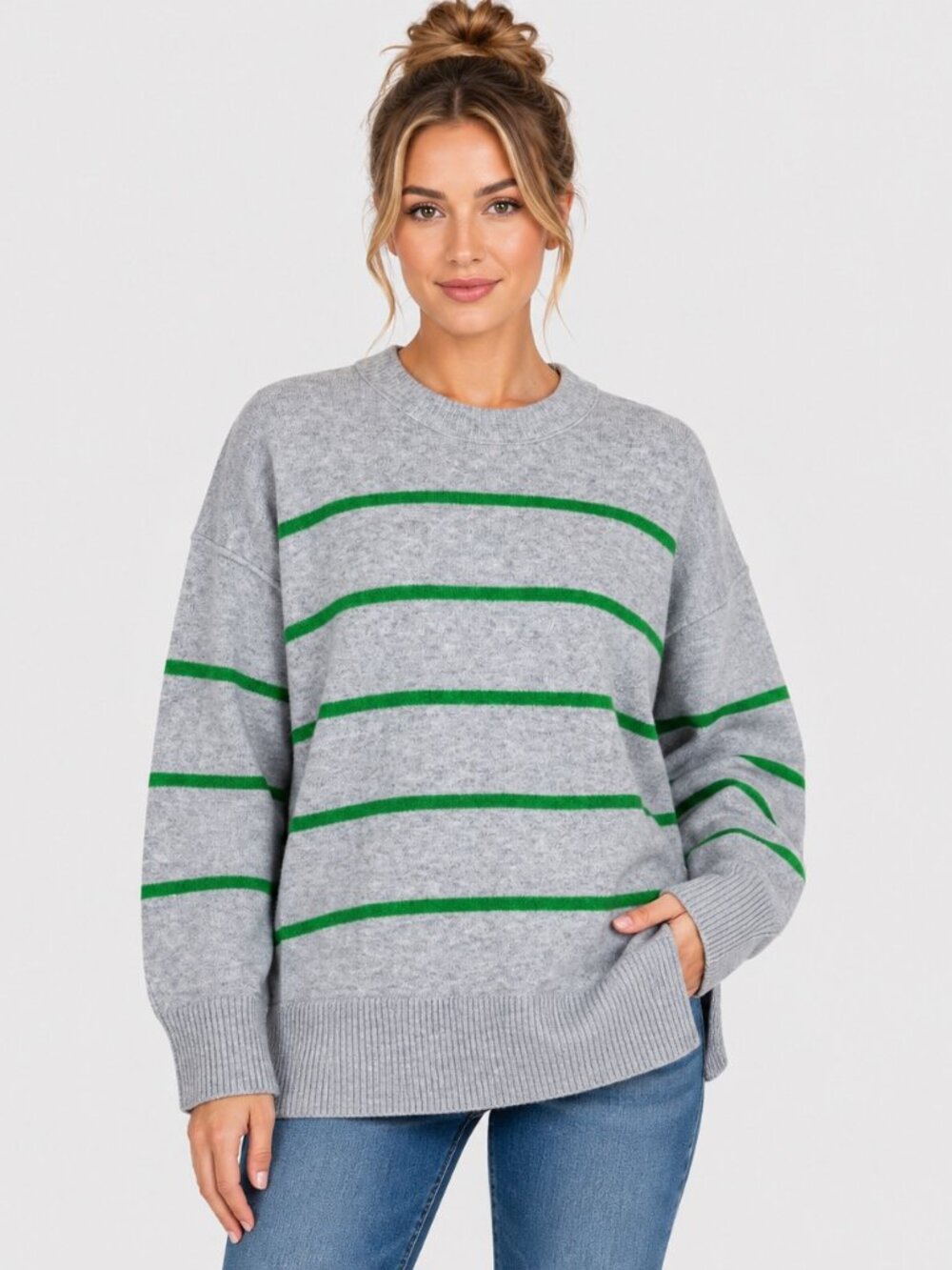 Aerie Women's Medium Gray Green Striped Knit Sweater Crewneck Casual Preppy